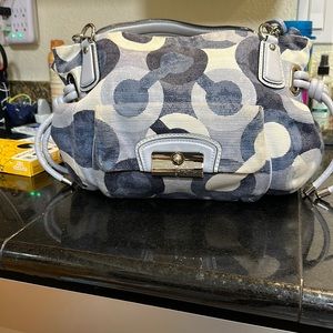 Coach Kristin Graphic OP Art Navy Blue purse with brown duster bag.